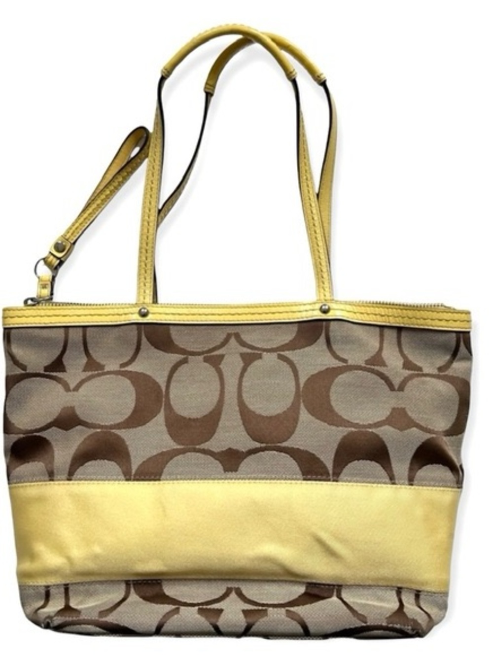 Coach Brown Signature Canvas Tote with Yellow Trim